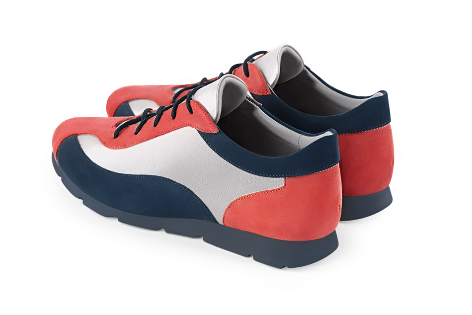 Coral orange, light silver and navy blue women's three-tone elegant sneakers. Round toe. Flat rubber soles. Rear view - Florence KOOIJMAN